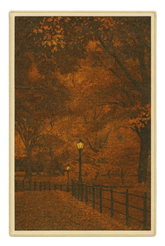 Autumn evening rug with glowing lampposts and tree-lined park path.